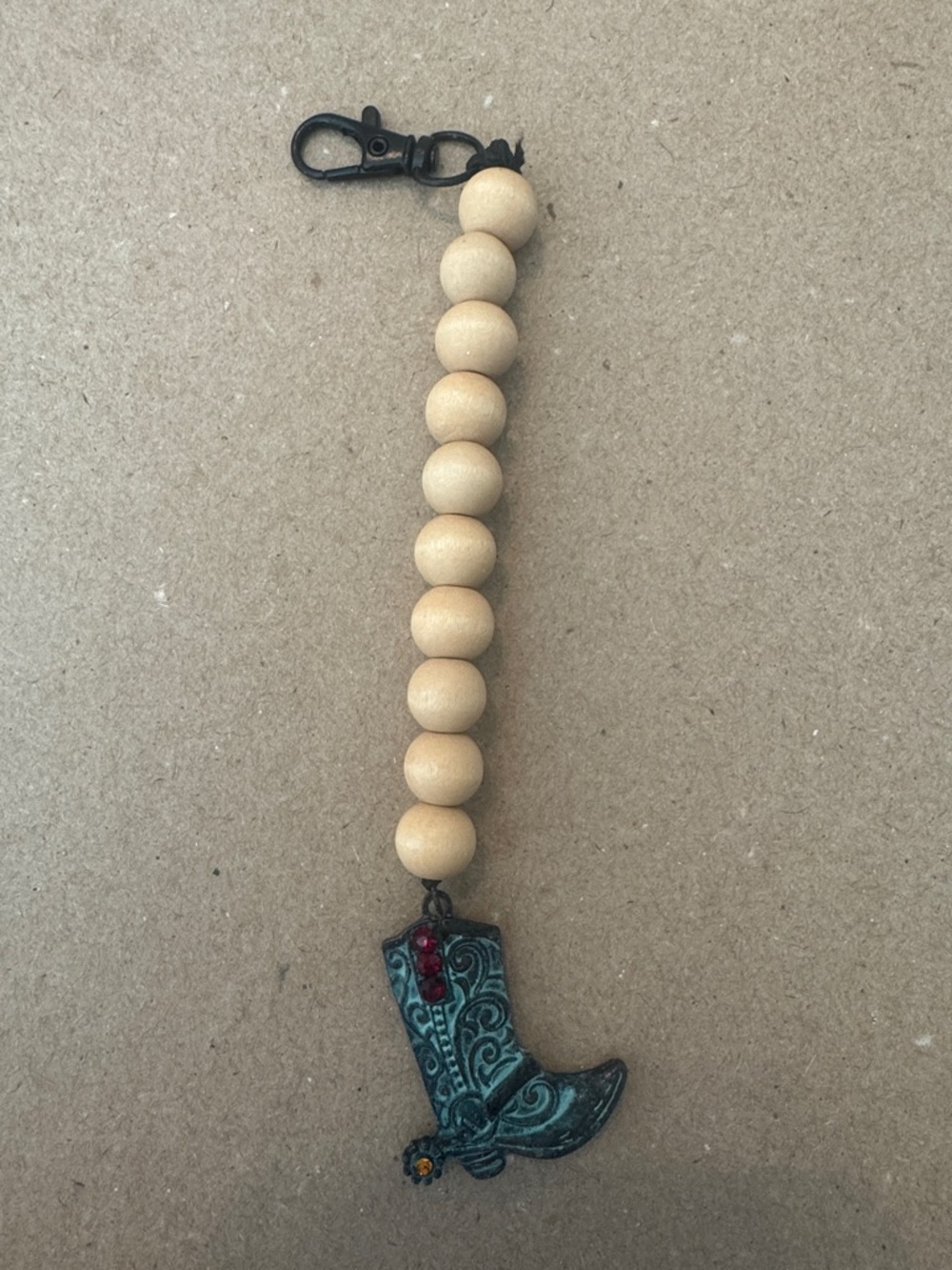 Beaded Wood Wristlet Keychain with Turquoise Cowboy Boot Charm